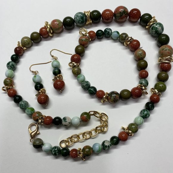 Agate & Sandstone with Gold Accent Necklace, Stretch Bracelet & Earrings (617) - Picture 1 of 4